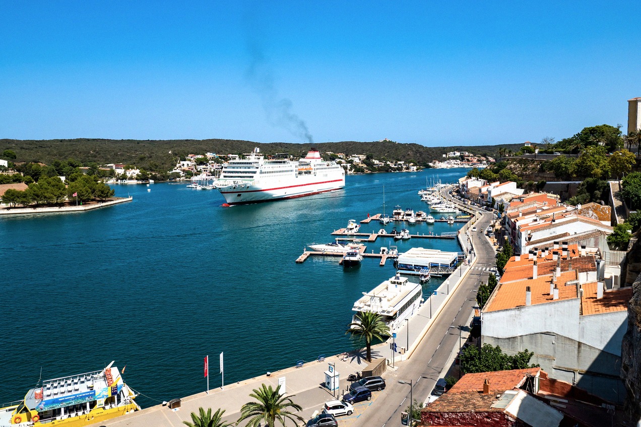 Ferry entering the natural harbour of Mahón on Menorca